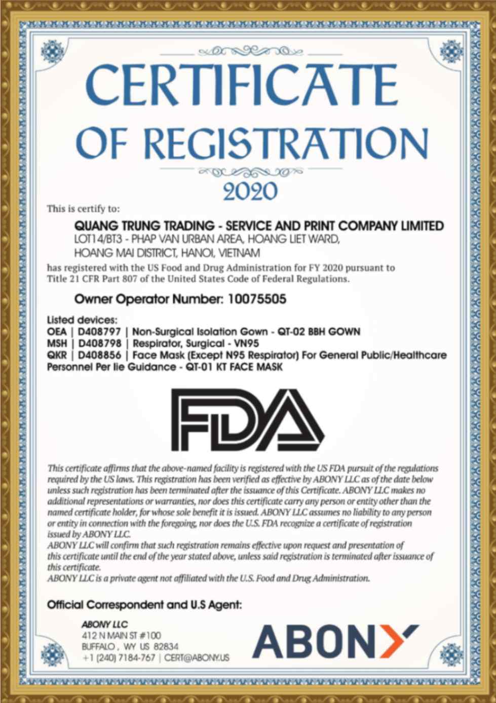 danh mục chứng nhận Quang Trung